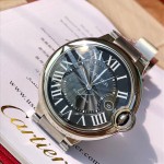 Cartier Ballon Bleu series, black dial, 42mm men's watch, silver strap, mechanical.