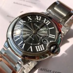 Cartier Ballon Bleu series, black dial, 42mm men's watch, silver strap, mechanical.