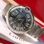 Cartier Ballon Bleu series, black dial, 42mm men's watch, silver strap, mechanical.