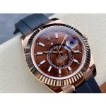 Navigator series men's watch, chocolate dial, rose gold bezel, 42mm, rubber strap.