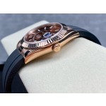 Navigator series men's watch, chocolate dial, rose gold bezel, 42mm, rubber strap.