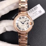 Cartier Ballon Bleu series, 33mm silver dial with diamonds, rose gold strap, mechanical ladies' watch.