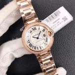 Cartier Ballon Bleu series, 33mm silver dial with diamonds, rose gold strap, mechanical ladies' watch.
