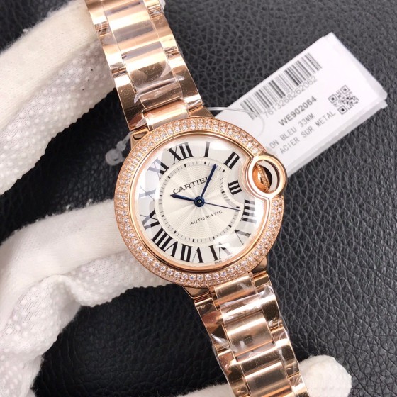 Cartier Ballon Bleu series, 33mm silver dial with diamonds, rose gold strap, mechanical ladies' watch.