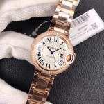 Cartier Ballon Bleu series, 33mm silver dial with diamonds, rose gold strap, mechanical ladies' watch.