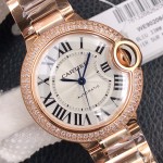 Cartier Ballon Bleu series, 33mm silver dial with diamonds, rose gold strap, mechanical ladies' watch.