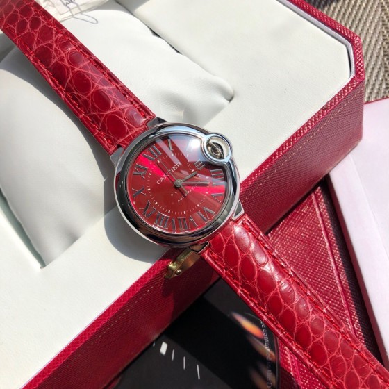 Cartier Ballon Bleu series, 33mm red dial, red leather strap, mechanical women's watch