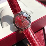 Cartier Ballon Bleu series, 33mm red dial, red leather strap, mechanical women's watch