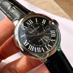 Cartier Ballon Bleu series, 42mm black dial, black leather strap, mechanical men's watch.