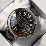 Cartier Ballon Bleu series, 42mm black dial, black leather strap, mechanical men's watch.