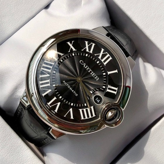 Cartier Ballon Bleu series, 42mm black dial, black leather strap, mechanical men's watch.