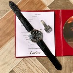 Cartier Ballon Bleu series, 42mm black dial, black leather strap, mechanical men's watch.