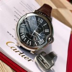 Cartier Ballon Bleu series, 42mm black dial, black leather strap, mechanical men's watch.