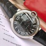 Cartier Ballon Bleu series, 42mm black dial, black leather strap, mechanical men's watch.