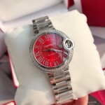 Cartier Ballon Bleu series, red dial with diamonds, 33mm, silver strap, mechanical women's watch.
