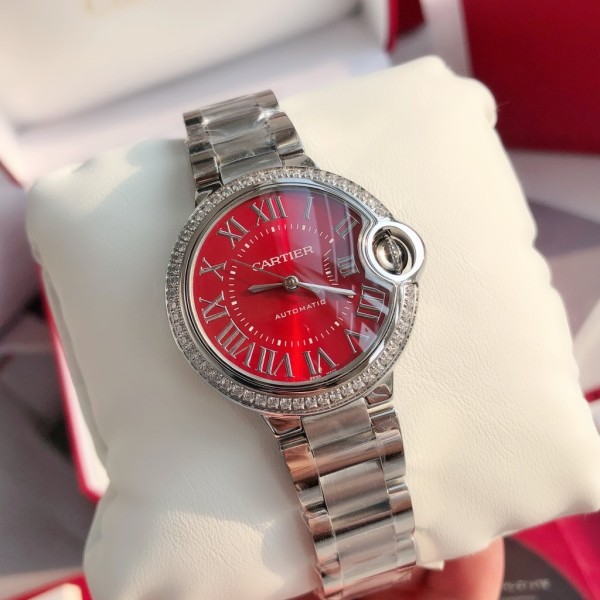 Cartier Ballon Bleu series, red dial with diamonds, 33mm, silver strap, mechanical women's watch.