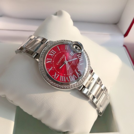 Cartier Ballon Bleu series, red dial with diamonds, 33mm, silver strap, mechanical women's watch.