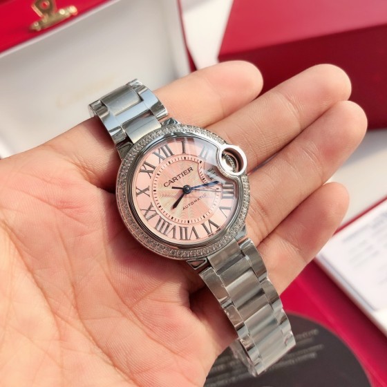Cartier Ballon Bleu series, pink dial with diamonds, 33mm, silver strap, mechanical women's watch.