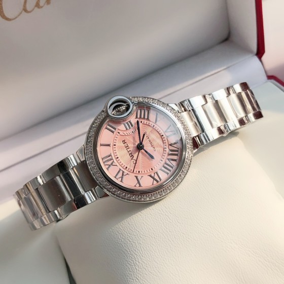 Cartier Ballon Bleu series, pink dial with diamonds, 33mm, silver strap, mechanical women's watch.