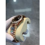 Sunday calendar series men's watch, brown dial, diamond-set bezel, 40mm, rose gold President-style bracelet.