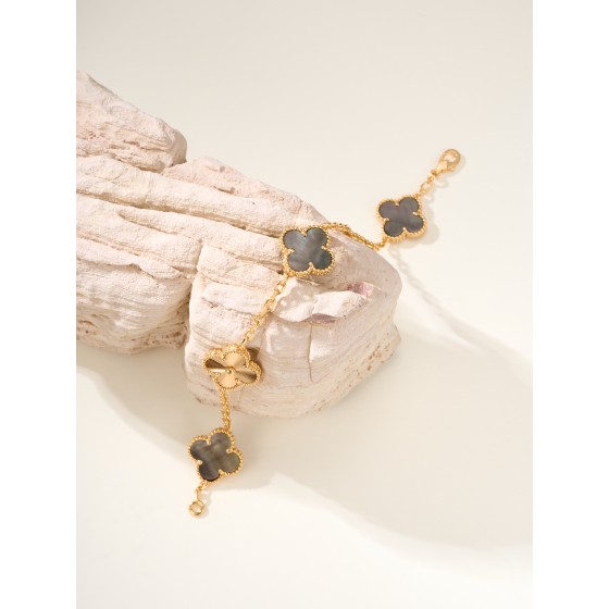 Four-leaf clover, mother-of-pearl, gold-plated, multi-colored bracelet
