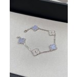 Four-leaf clover purple chalcedony and silver diamond beaded bracelet