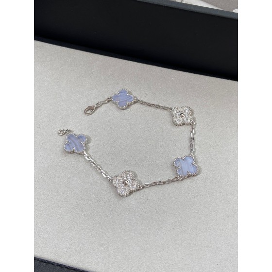 Four-leaf clover purple chalcedony and silver diamond beaded bracelet