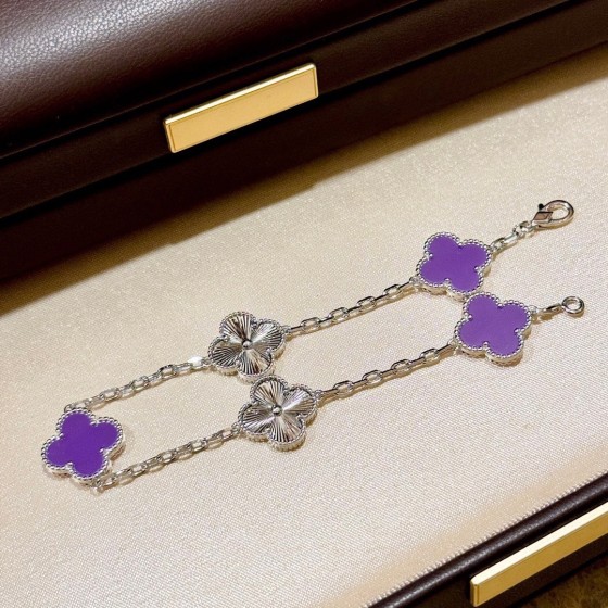 Four-leaf clover purple and silver laser-cut five-petal flower bracelet