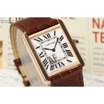 Cartier Tank series, rose gold bezel, burgundy leather strap, 25.5mm.