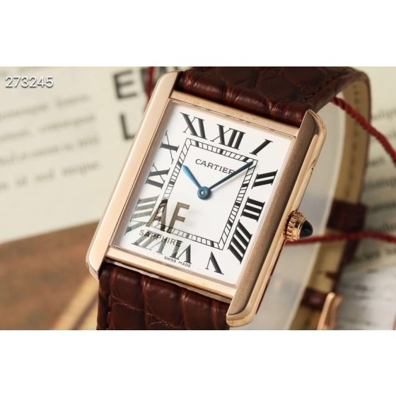 Cartier Tank series, rose gold bezel, burgundy leather strap, 25.5mm.