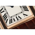 Cartier Tank series, rose gold bezel, burgundy leather strap, 25.5mm.