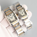 Cartier Tank series, silver bezel, two-tone gold and silver bracelet.