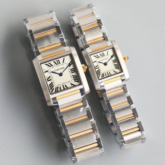 Cartier Tank series, silver bezel, two-tone gold and silver bracelet.