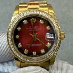 Datejust series, gradient red diamond-set bezel, 31mm, all-gold bracelet.