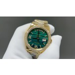 Sunday calendar series women's watch with malachite dial, diamond-set bezel, 36mm case, and diamond-set gold President-style bracelet.