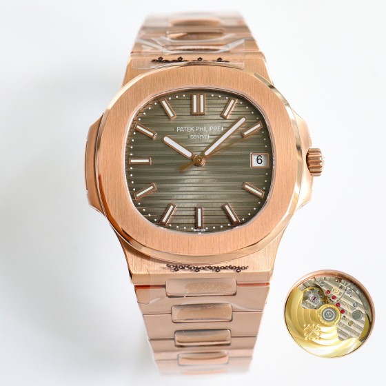 Patek Philippe Nautilus series, wave-pattern dial, 40mm diameter, 8.8mm thickness.